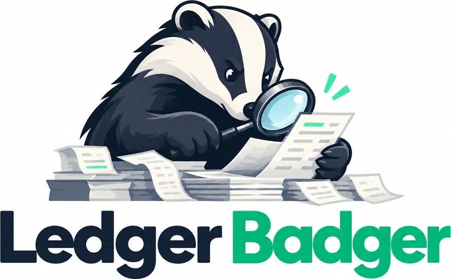 Ledger Badger logo: a badger checking ledger slips with a magnifying glass
