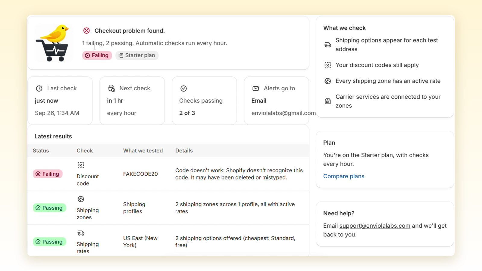 Checkout Canary dashboard flagging a discount code that no longer works